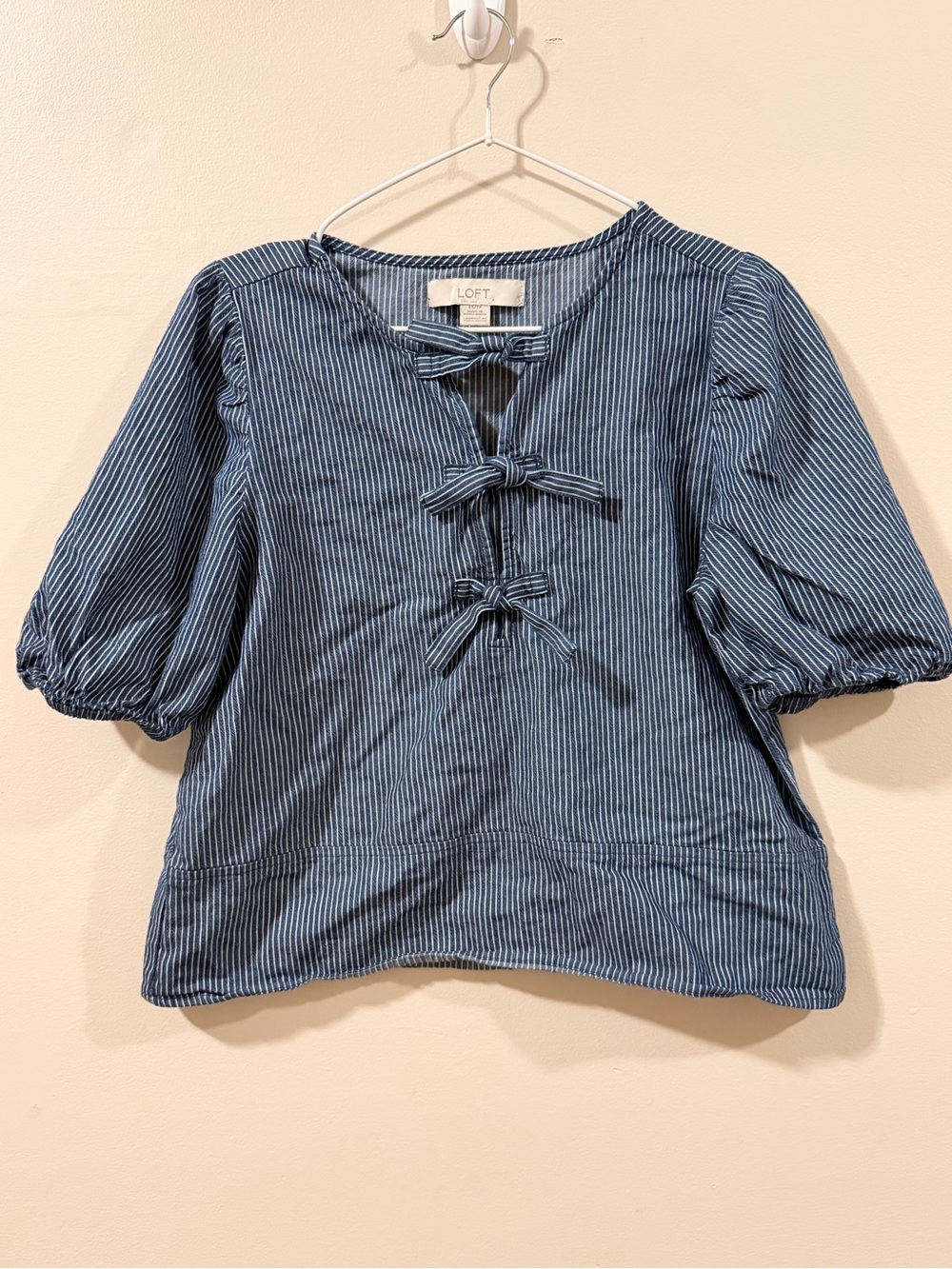LOFT Navy Blue and White Striped Tie-Front Puff Sleeve Blouse